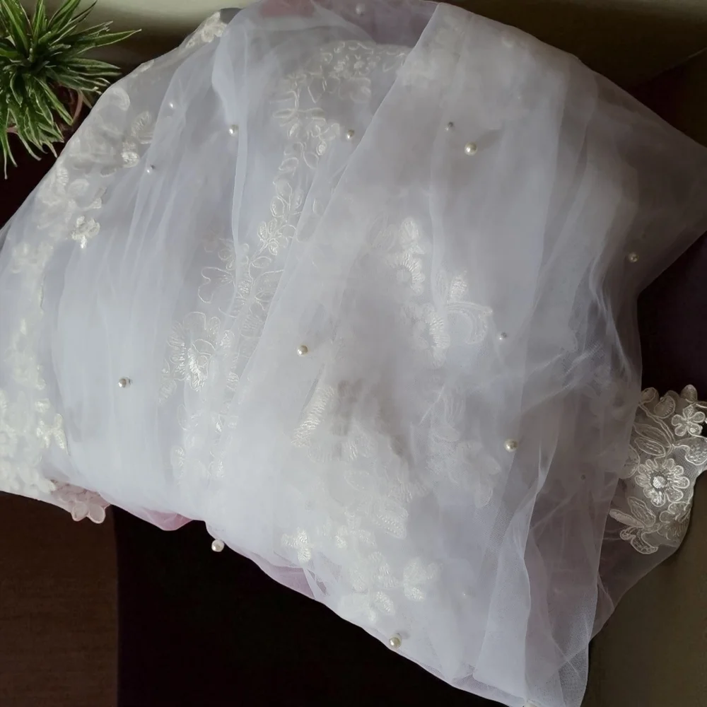 White Wedding Lace Veil Train with Pearl Accents And Floral Lace Applique